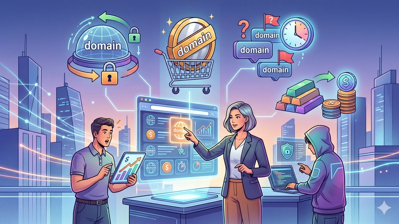 Современная иллюстрация процесса выкупа просроченного домена для статьи о стоимости данной услуги в 2026 году